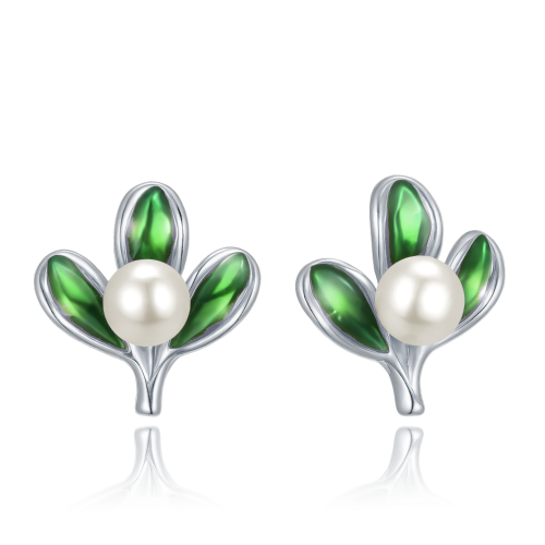 MINET Vánoční stříbrné náušnice jmelí s perlami