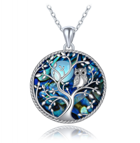 MINET Stříbrný náhrdelník strom života se sovou s černými zirkony a perletí