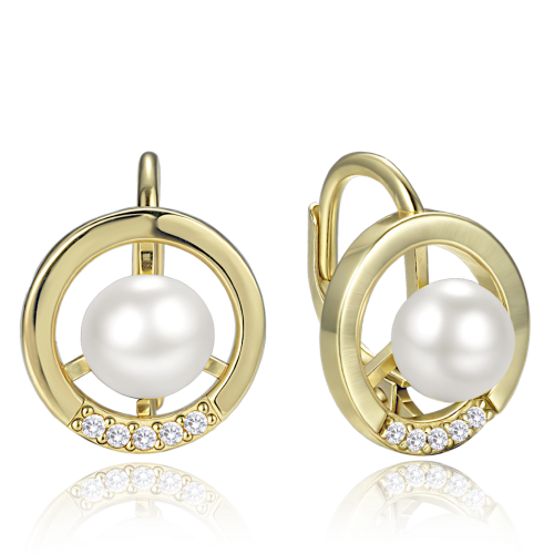 MINET Elegantní pozlacené stříbrné náušnice kroužky s perlou a zirkony