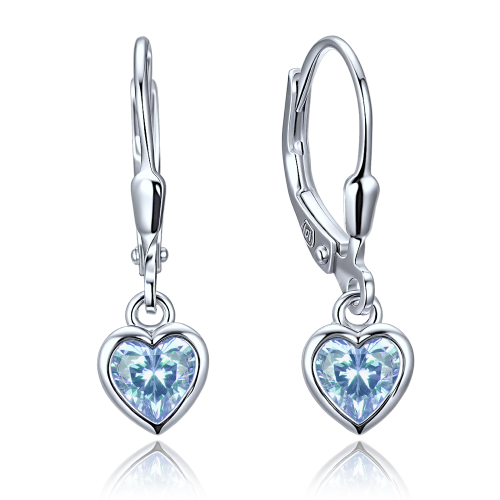 MINET Decentní stříbrné náušnice srdce se světle modrými zirkony